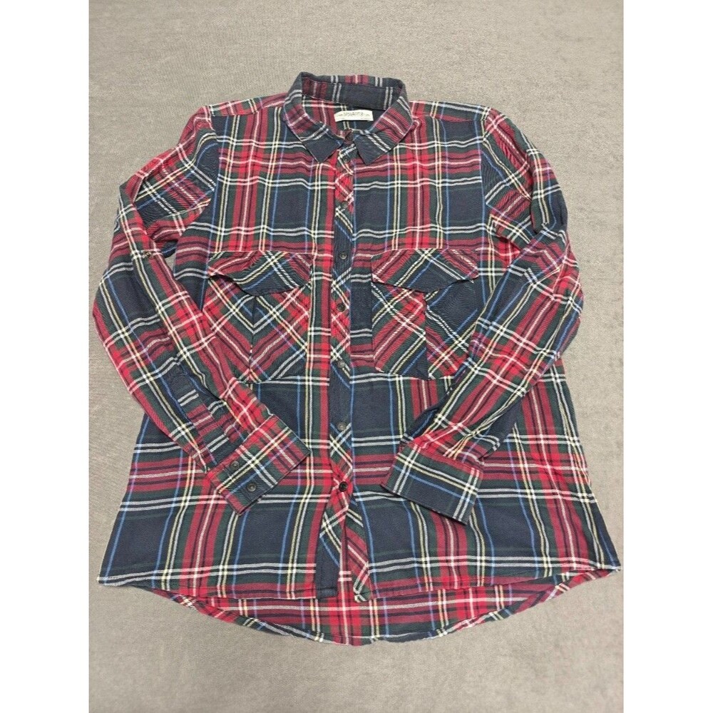 Zara Woman Premium Denim Collection Plaid Flannel Shirt Red Navy Button Up M